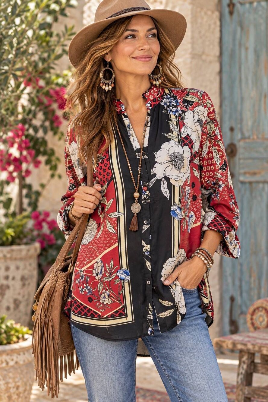 Johnny Was Womens Boho Floral Patchwork Red Black Silk Tunic Blouse XS